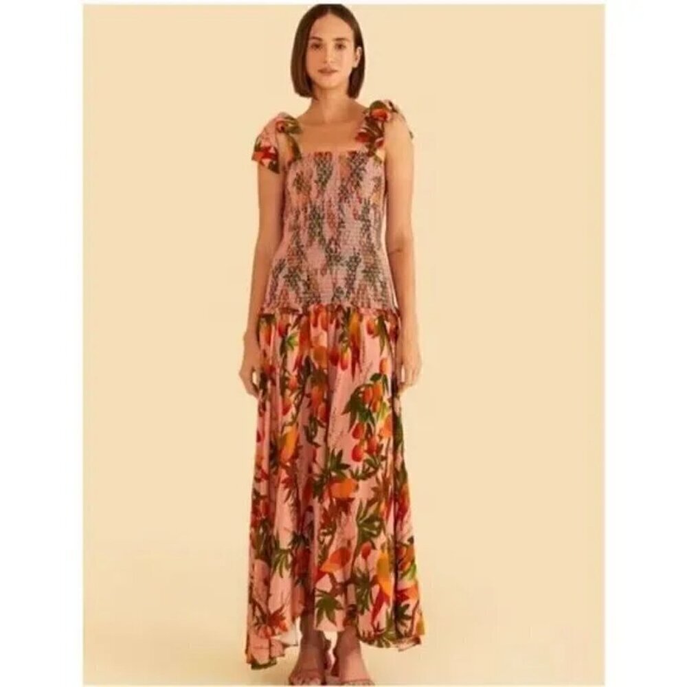 Farm Rio Mango Trees Smocked Bodice Midi Dress In Mango Trees Pink Size Small